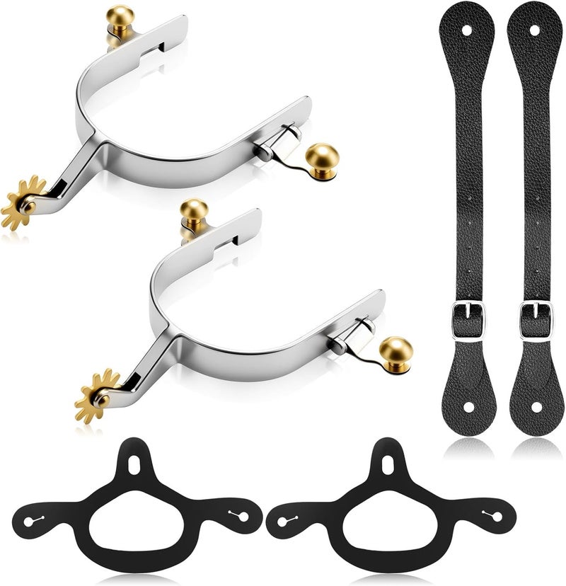 BrightRow 2 Pack Spurs for Cowboy Boots Men with 2 Pcs Leather Belt and Tie Down Straps, Stainless Steel Western English Horse Spurs with Rotatable Gear, Equestrian Riding Accessories - Image 1